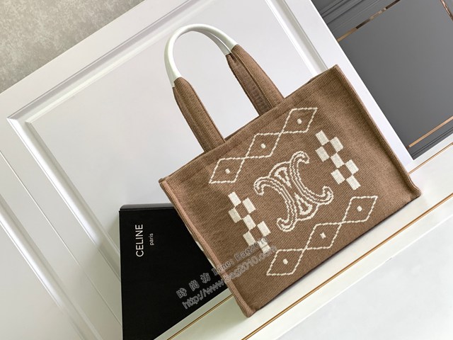 Celine專櫃2022新款CABAS THAIS大號凱旋門刺繡印花織物購物袋 賽琳復古凱旋門徽章托特包 sldj2376